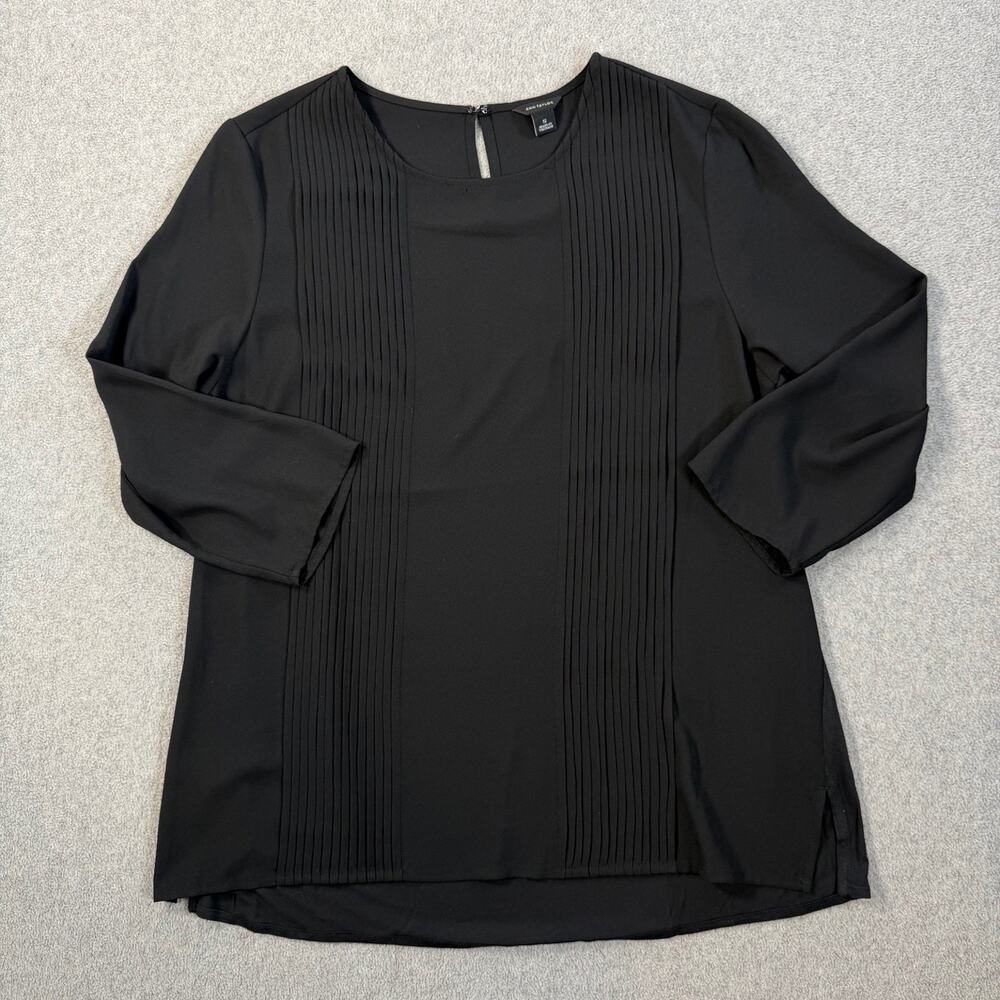 Ann Taylor Women's Small Black Pleated Front 3/4 Sleeve Blouse Top